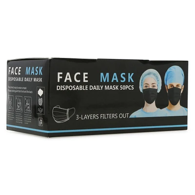 black 3-layer disposable face masks 50-count