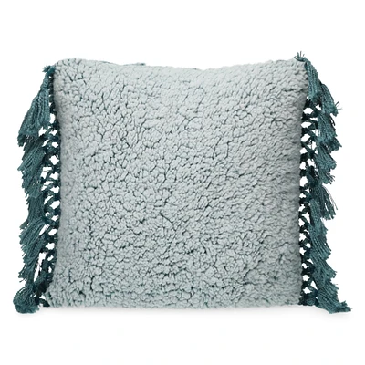 emerald green sherpa throw pillow with fringe trim 16in x 18in