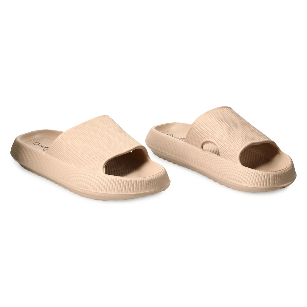 ladies nude puff slide sandals