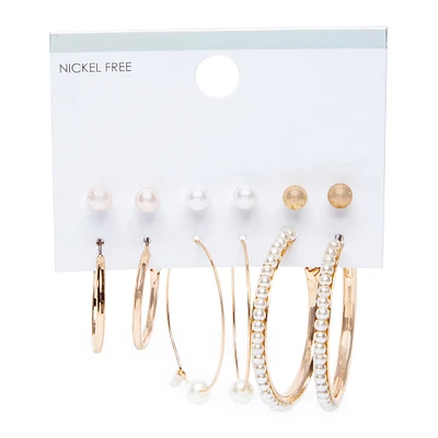 pearl + gold hoops & stud earrings 6-pair set