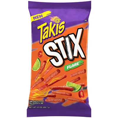 Takis stix flare corn sticks, chili pepper and lime flavored, 9.9oz bag