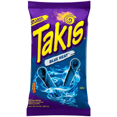 Takis blue heat rolled tortilla chips, hot chili pepper artificially flavored, 9.9oz bag