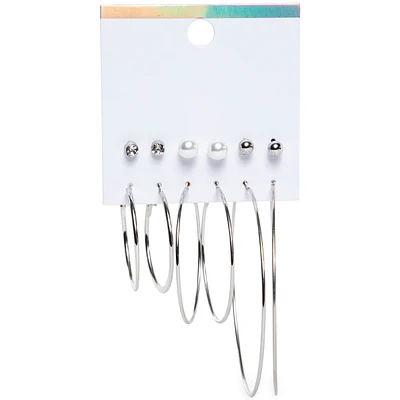 silver hoops & stud earrings 6-pairs