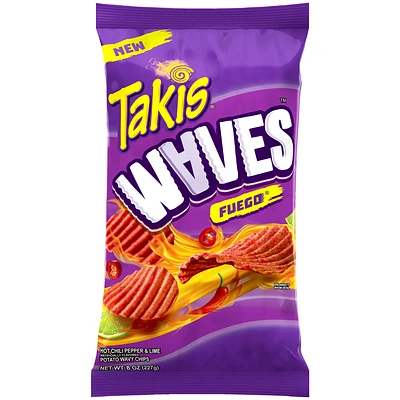 Takis waves fuego, hot chili pepper and lime artificially flavored potato chips, 8oz bag
