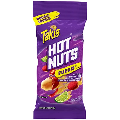 Takis hot nuts fuego double crunch peanuts, hot chili pepper and lime artificially flavored peanuts, 3.2oz bag