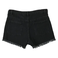 black denim shorts with frayed hem