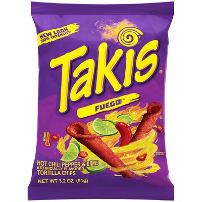 Takis fuego rolled tortilla chips, hot chili pepper and lime, 3.2oz bag