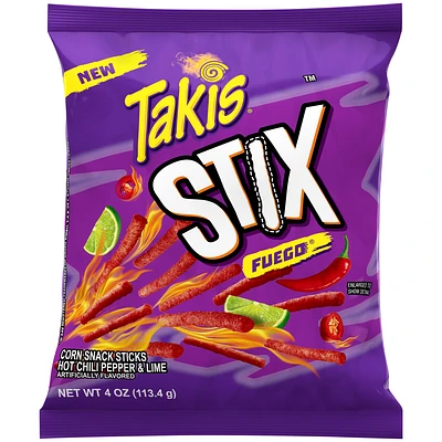 Takis stix fuego corn sticks, hot chili pepper and lime artificially flavored, 4oz bag