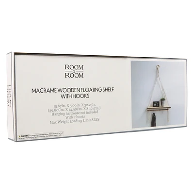 macrame wooden floating shelf with hooks 15.6in x 32.25in