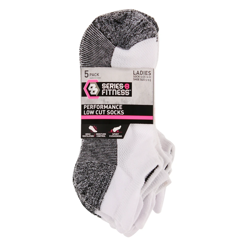 series-8 fitness™ ladies low cut performance socks 5-pack, white & gray