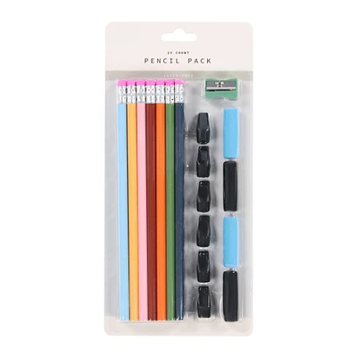 25-piece pencil set with erasers, grips, & sharpener