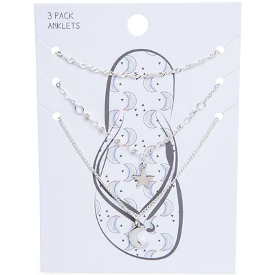 silver moon & star anklets 3-piece set