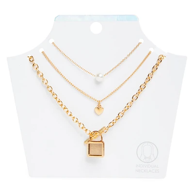 lock & heart layer necklaces 3-pack
