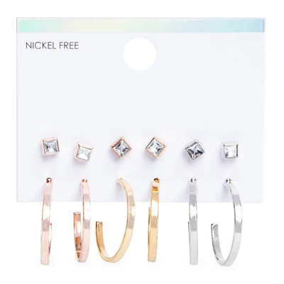 medium hoops & square stud earrings 6-pair set