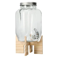 glass jar drink dispenser with wooden stand 13in