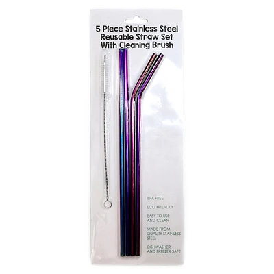rainbow stainless steel reusable straws & cleaning brush 5-piece set