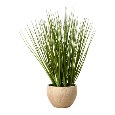 faux grass plant in wood tone pot 10in