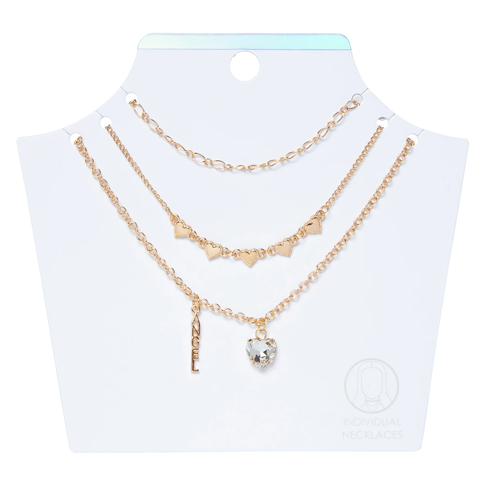 gold heart & angel layering necklaces set, 3-piece