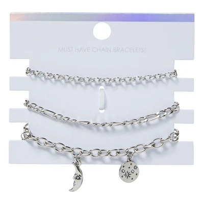 silver sun & moon charm bracelets, 3-piece set