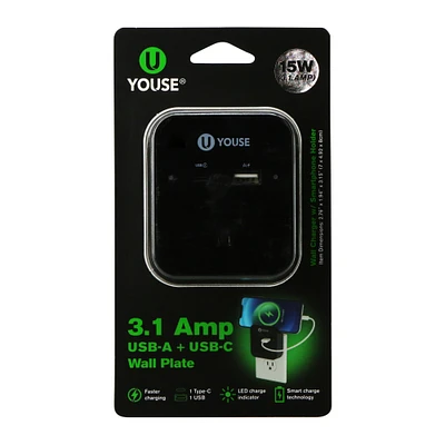 USB-A & USB-C wall plate charger 3.1 amp