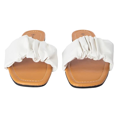 ladies scrunch strap white slide sandals