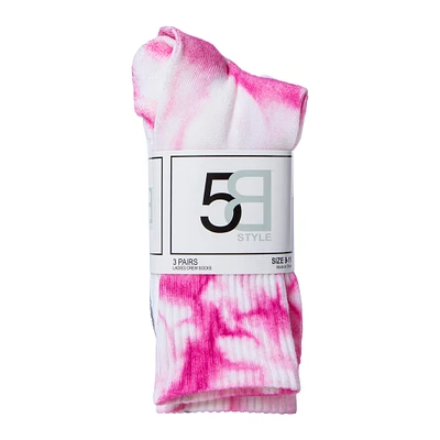 ladies pink tie dye crew socks 3-pack