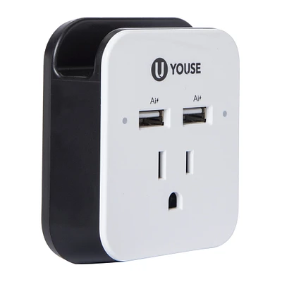 dual USB wall charger with outlet & phone holder 15W