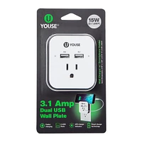 dual USB wall charger with outlet & phone holder 15W