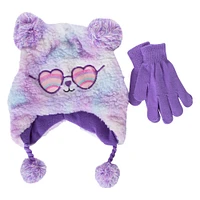 kid's sherpa hat & gloves set - tie dye bear