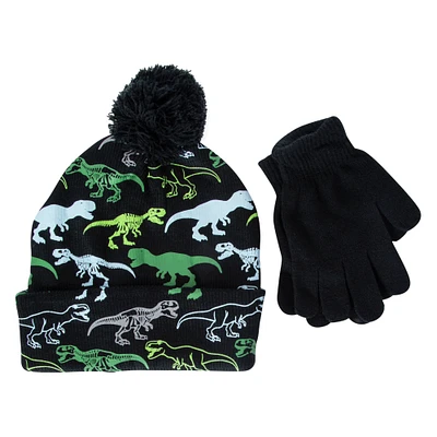 kid's dinosaur print winter hat & glove set
