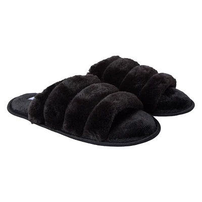 ladies black ribbed faux fur slide slippers