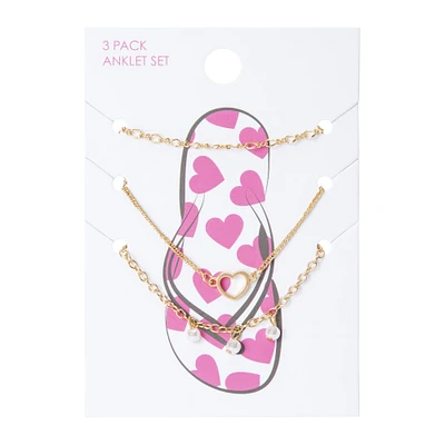 heart & pearl anklets 3-piece set