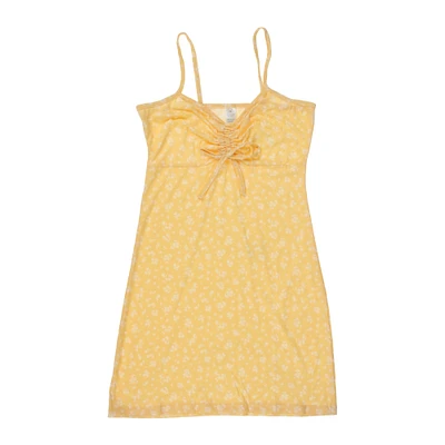 yellow floral cinch-front dress
