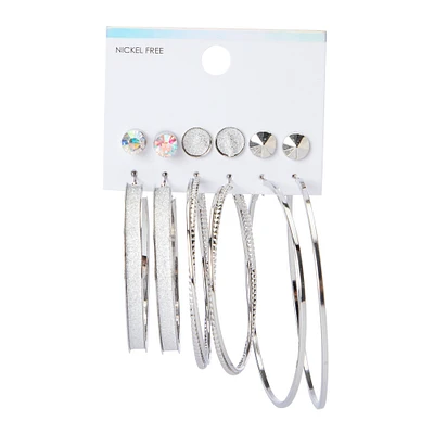 silver glitter studs & hoops earrings set, 6 pairs