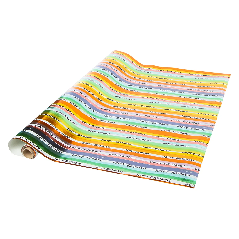 foil rainbow stripe 'happy birthday' wrapping paper roll 4ft x 30in