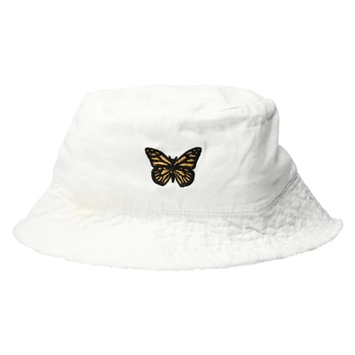 frayed edge bucket hat with embroidered icon