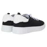 ladies black & white sneakers with faux fur trim