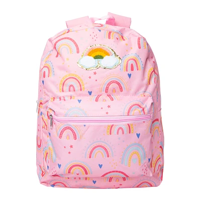 printed backpack with fuzzy patch 16in