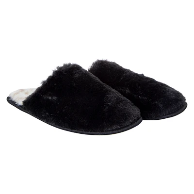 ladies faux fur slippers with leopard print sole - black