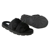 ladies black high pile faux fur slippers