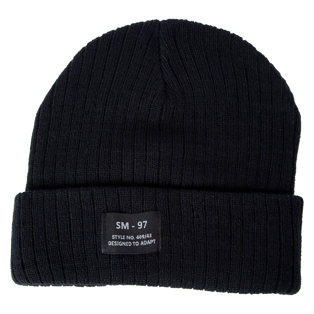 lightweight rib knit cuff beanie with patch