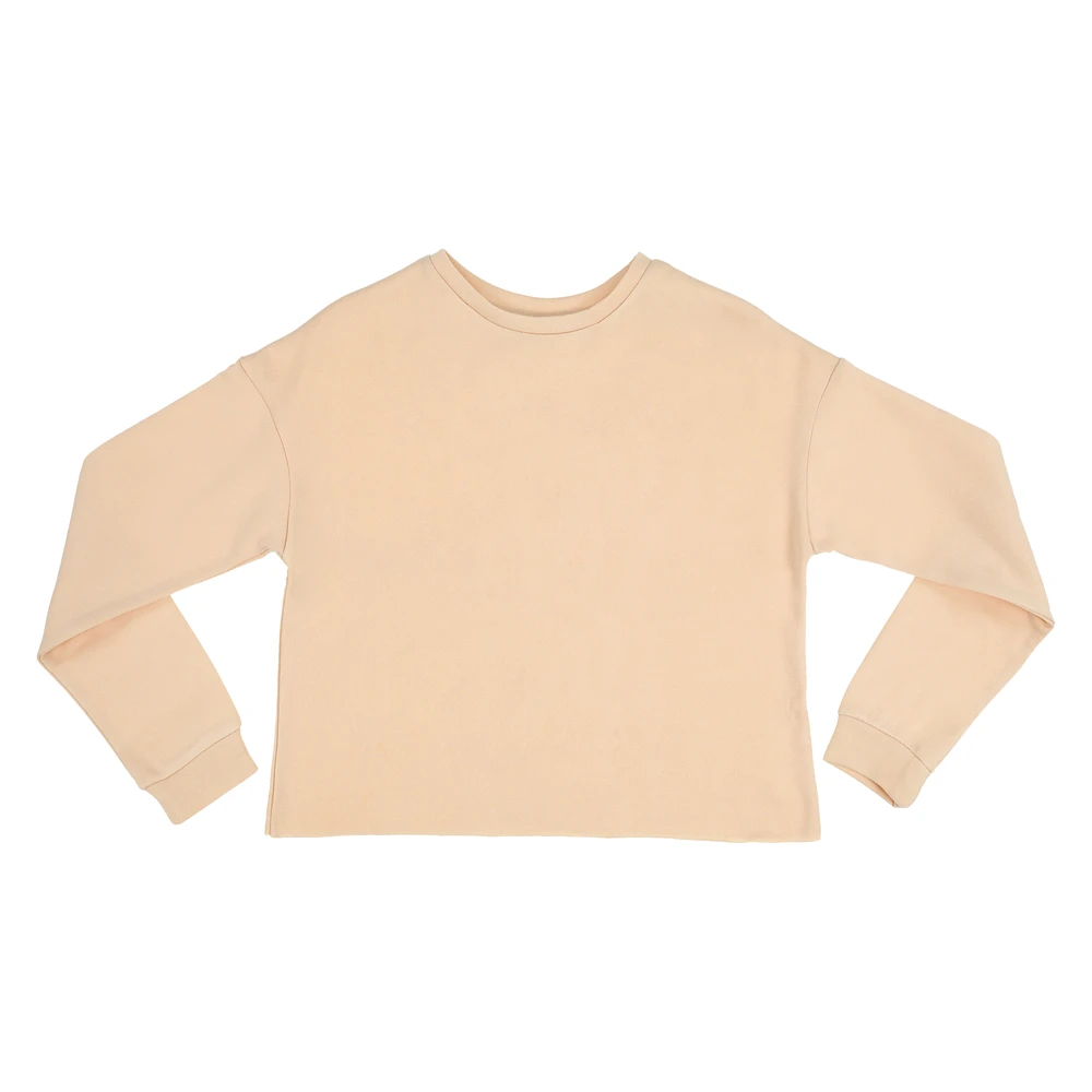 juniors beige raw edge long sleeve crewneck sweatshirt