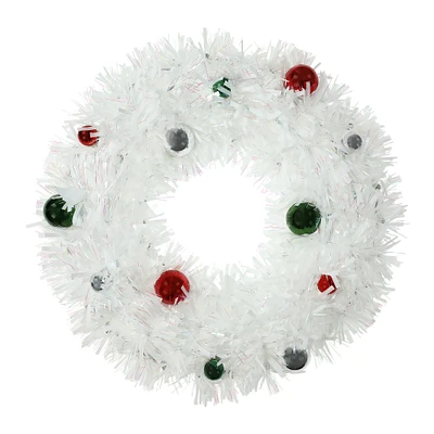 white tinsel wreath with ornaments 21in