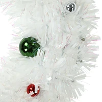 white tinsel wreath with ornaments 21in