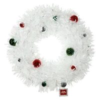 white tinsel wreath with ornaments 21in