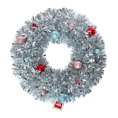 silver tinsel wreath with ornaments 21in