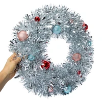 silver tinsel wreath with ornaments 21in