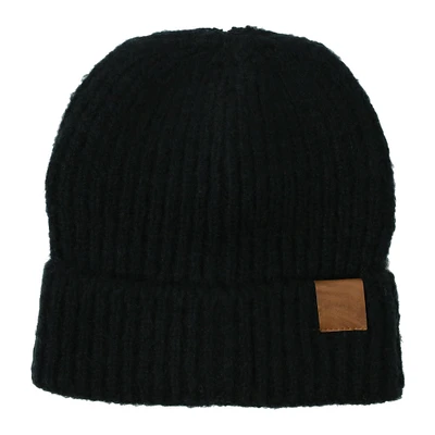 brushed rib knit beanie hat with corner patch