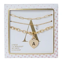 gold heart initial bracelet set 3-piece