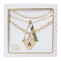 gold heart initial necklace set 3-piece